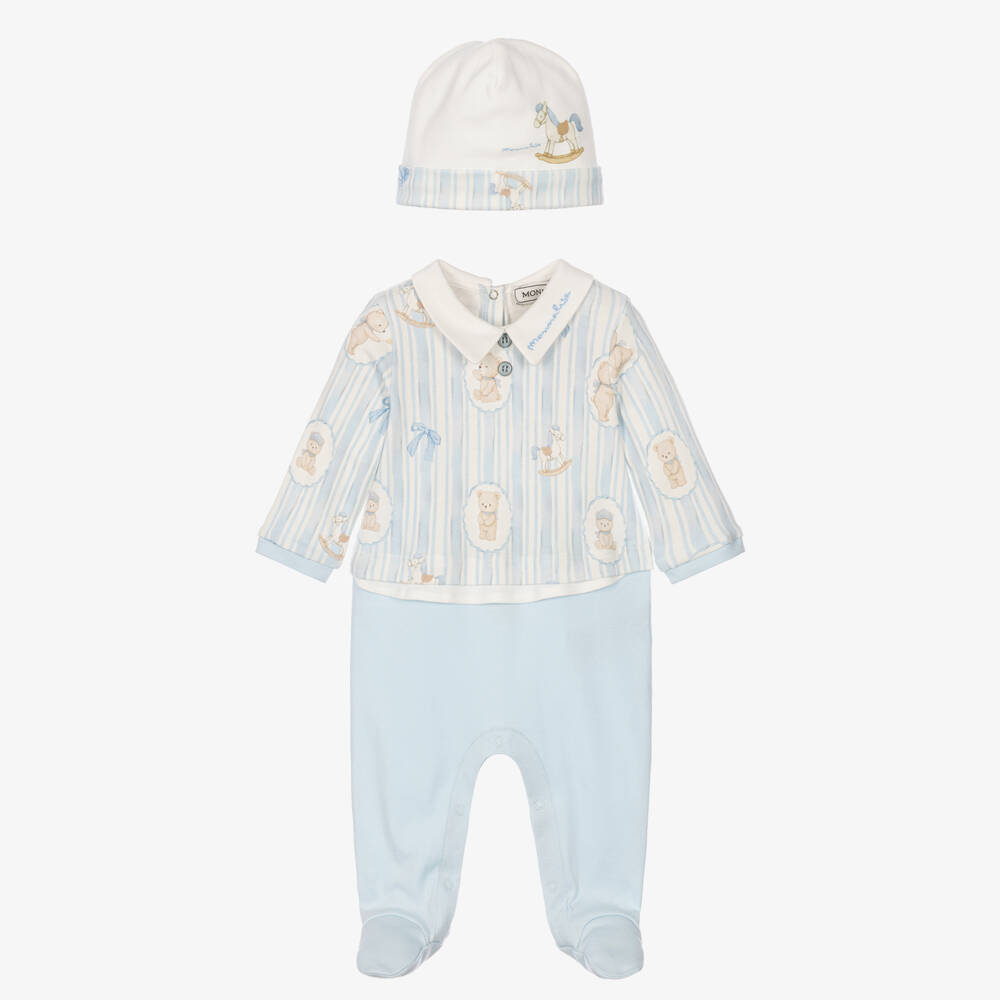 Monnalisa-Boys Blue Teddy Babygrow & Hat Set | Childrensalon