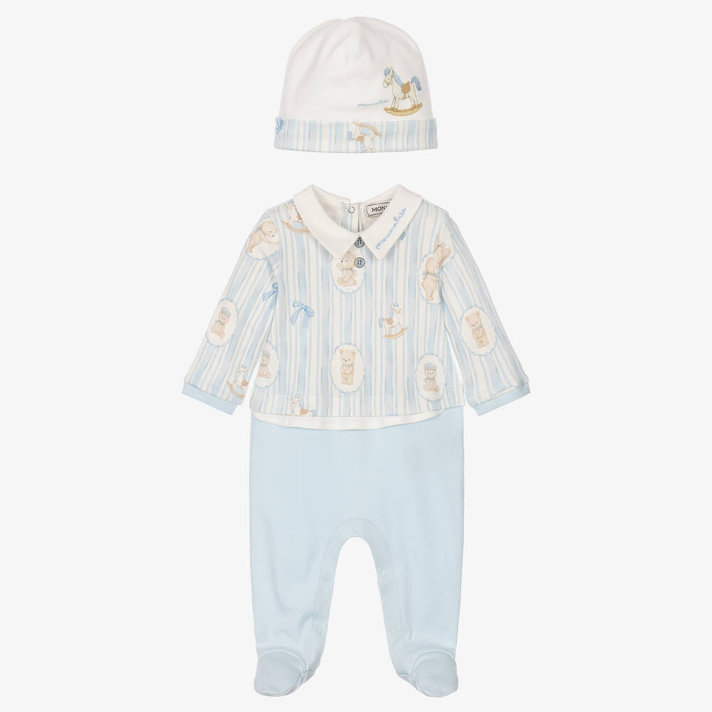 Monnalisa-Boys Blue Teddy Babygrow & Hat Set | Childrensalon