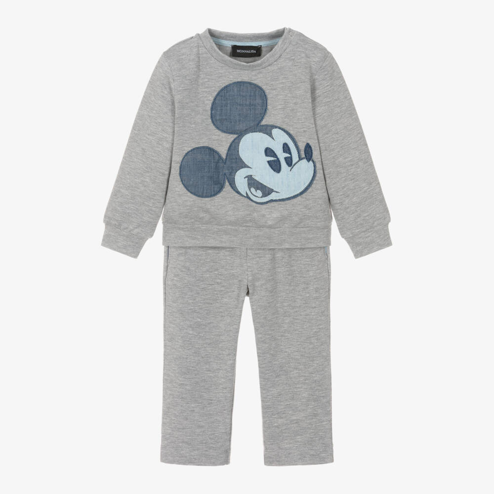 Monnalisa-Boys Grey Cotton Jersey Disney Tracksuit with Mickey Mouse | Childrensalon