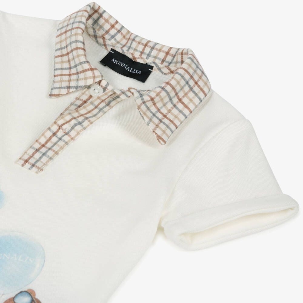 Monnalisa-Boys Ivory Cotton Piqué Teddy Bear Polo Shirt | Childrensalon