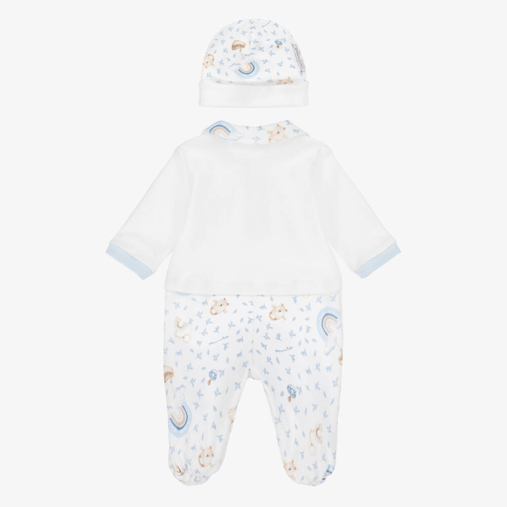 Monnalisa-Boys Ivory Cotton Teddy Rattle & Rainbow Print Babysuit Set | Childrensalon