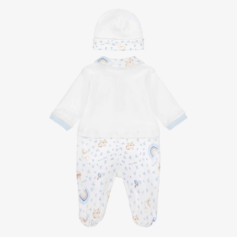 Monnalisa-Boys Ivory Cotton Teddy Rattle & Rainbow Print Babysuit Set | Childrensalon