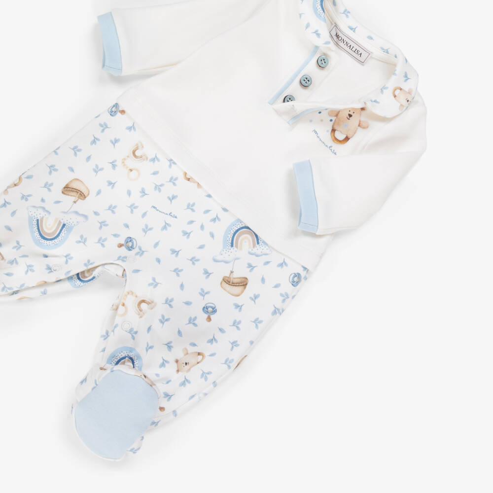 Monnalisa-Boys Ivory Cotton Teddy Rattle & Rainbow Print Babysuit Set | Childrensalon