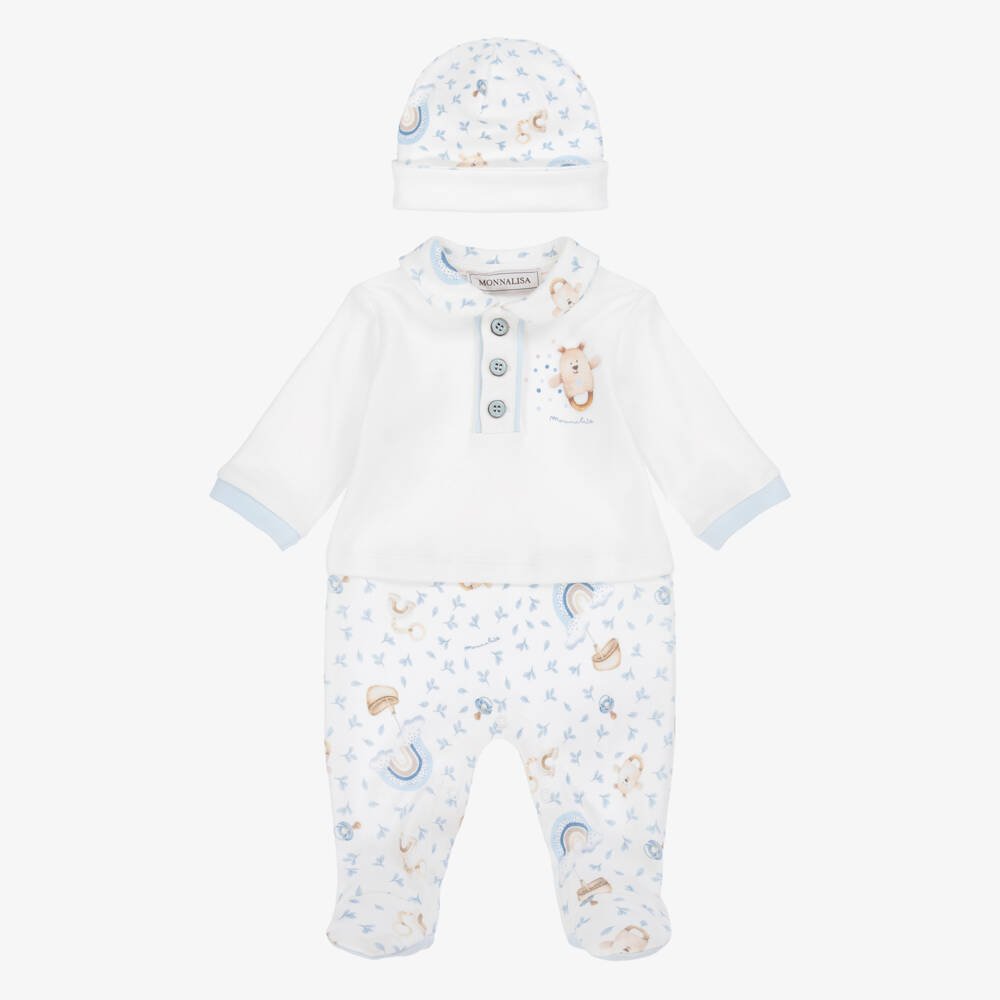 Monnalisa-Boys Ivory Cotton Teddy Rattle & Rainbow Print Babysuit Set | Childrensalon