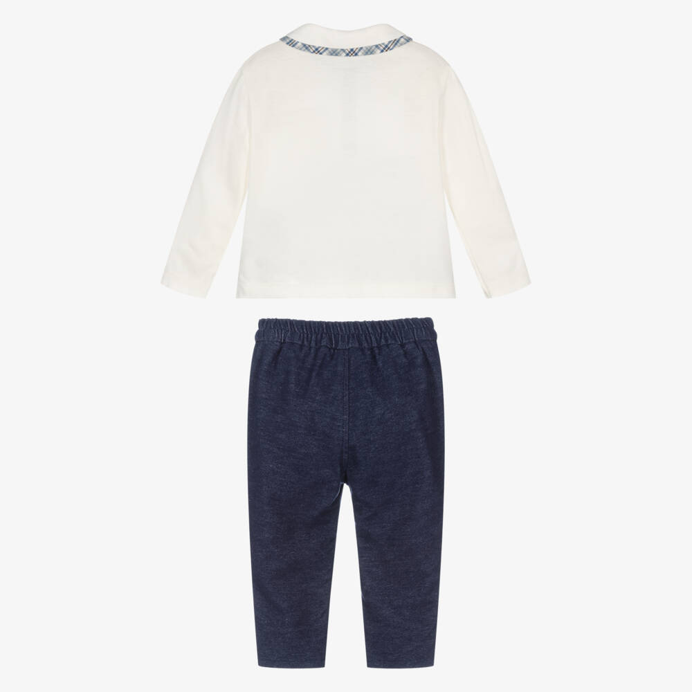 Monnalisa-Boys Ivory & Navy Blue Cotton Trouser Set | Childrensalon