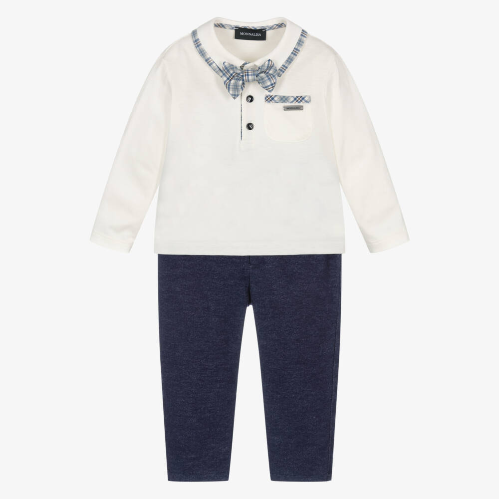 Monnalisa-Boys Ivory & Navy Blue Cotton Trouser Set | Childrensalon