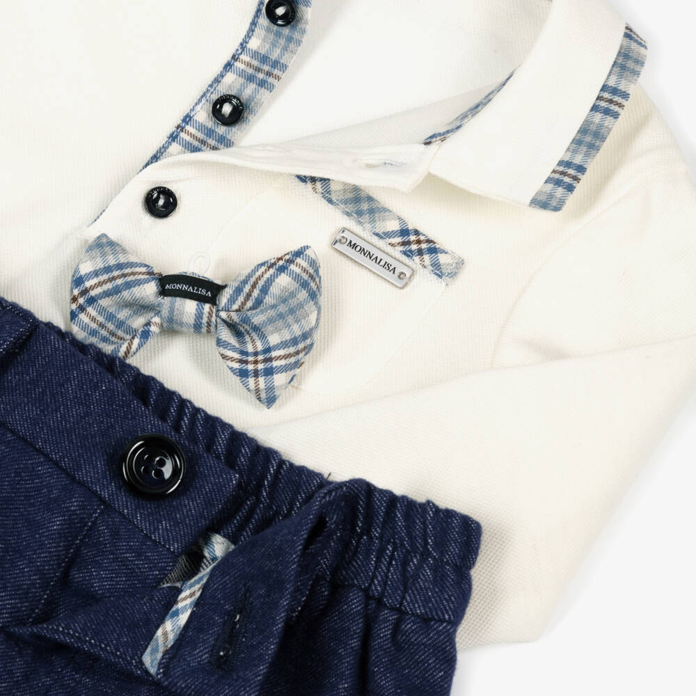 Monnalisa-Boys Ivory & Navy Blue Cotton Trouser Set | Childrensalon