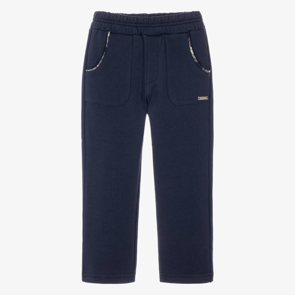 Monnalisa-Boys Navy Blue Joggers with Check Trim | Childrensalon