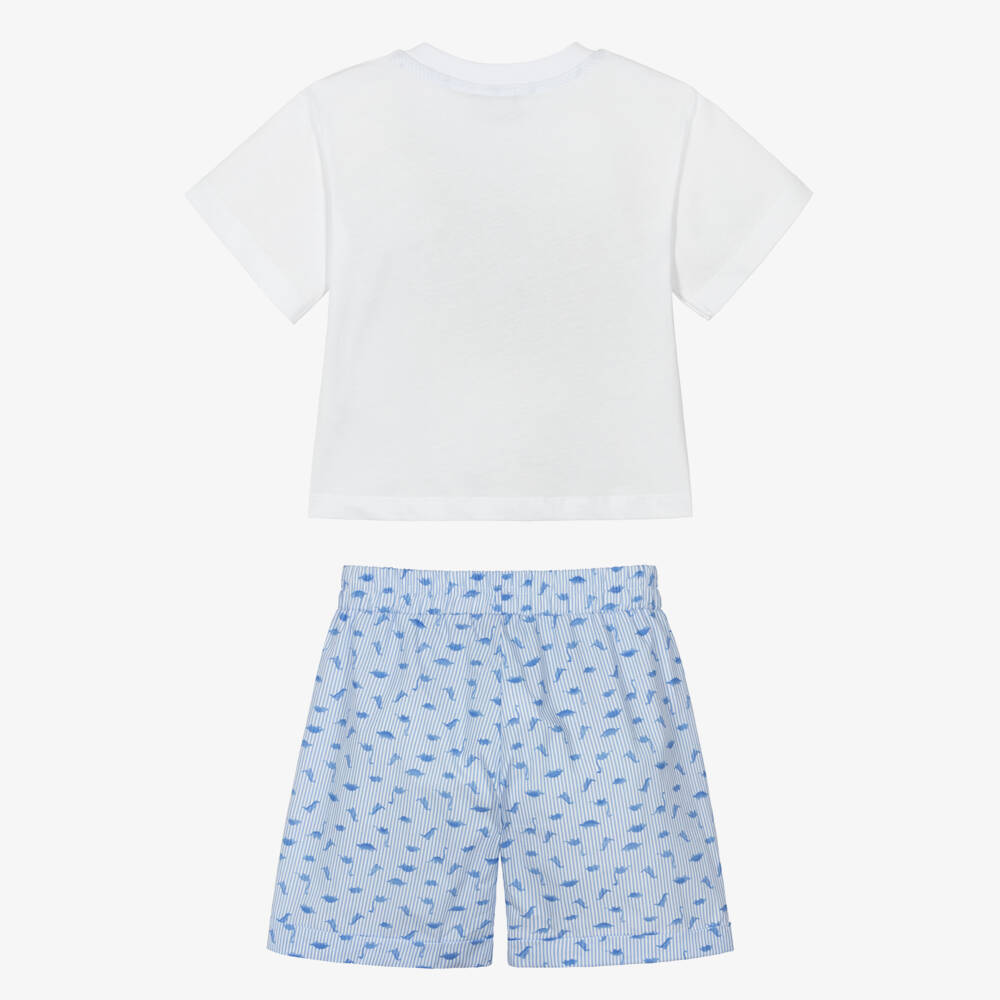 Monnalisa-Boys White & Blue Cotton Dinosaur Print Shorts Set | Childrensalon