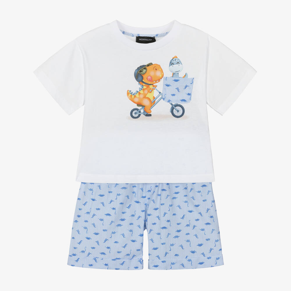 Monnalisa-Boys White & Blue Cotton Dinosaur Print Shorts Set | Childrensalon
