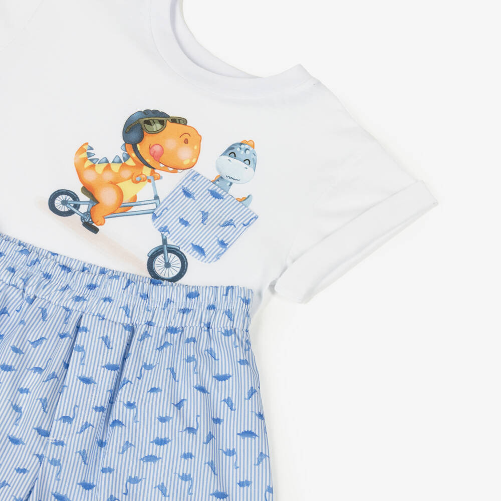 Monnalisa-Boys White & Blue Cotton Dinosaur Print Shorts Set | Childrensalon