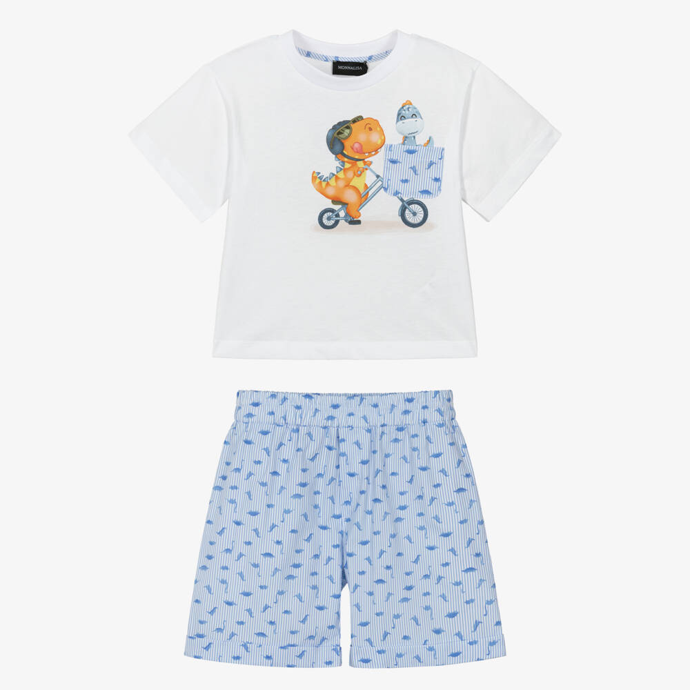 Monnalisa-Boys White & Blue Cotton Dinosaur Print Shorts Set | Childrensalon