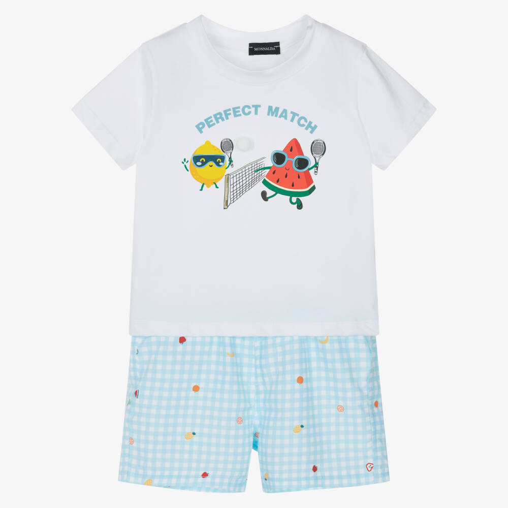 Monnalisa-Boys White & Blue Fruit Print Swim Shorts Set | Childrensalon