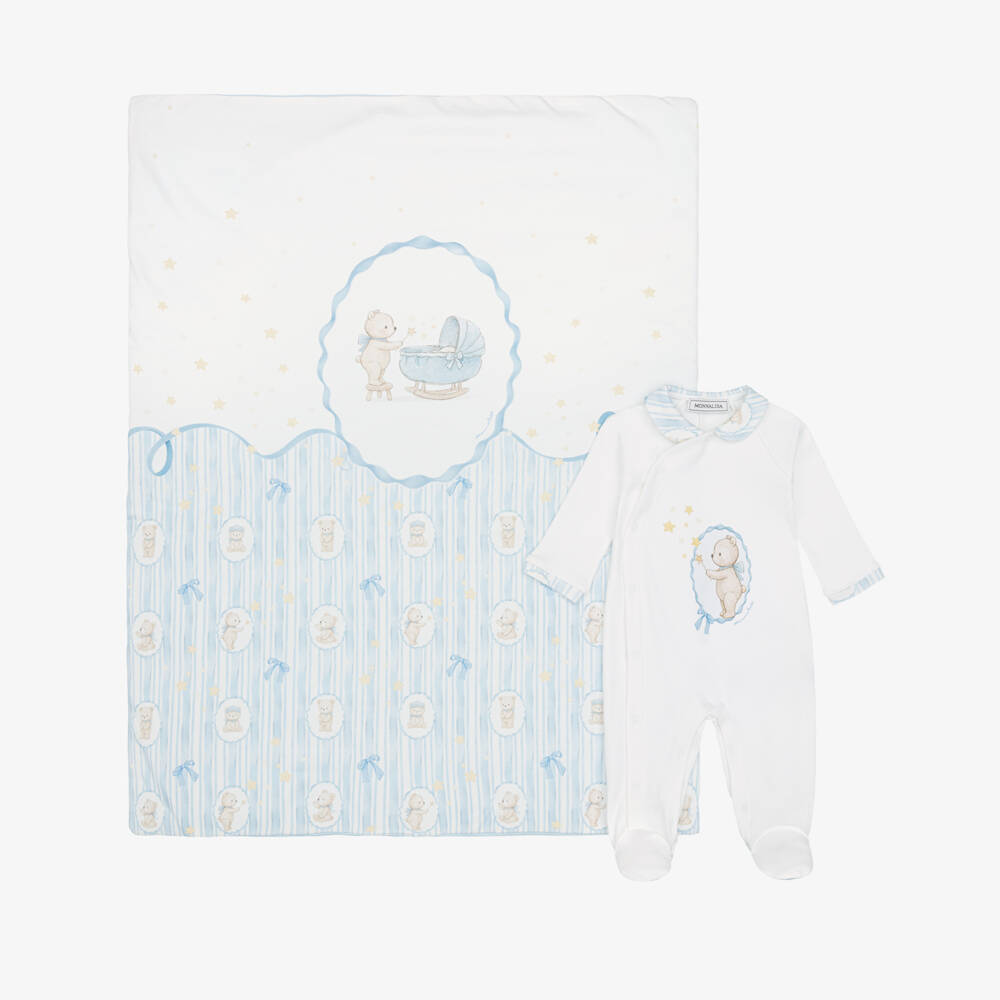 Monnalisa-Boys White & Blue Teddy Babygrow & Blanket Set | Childrensalon
