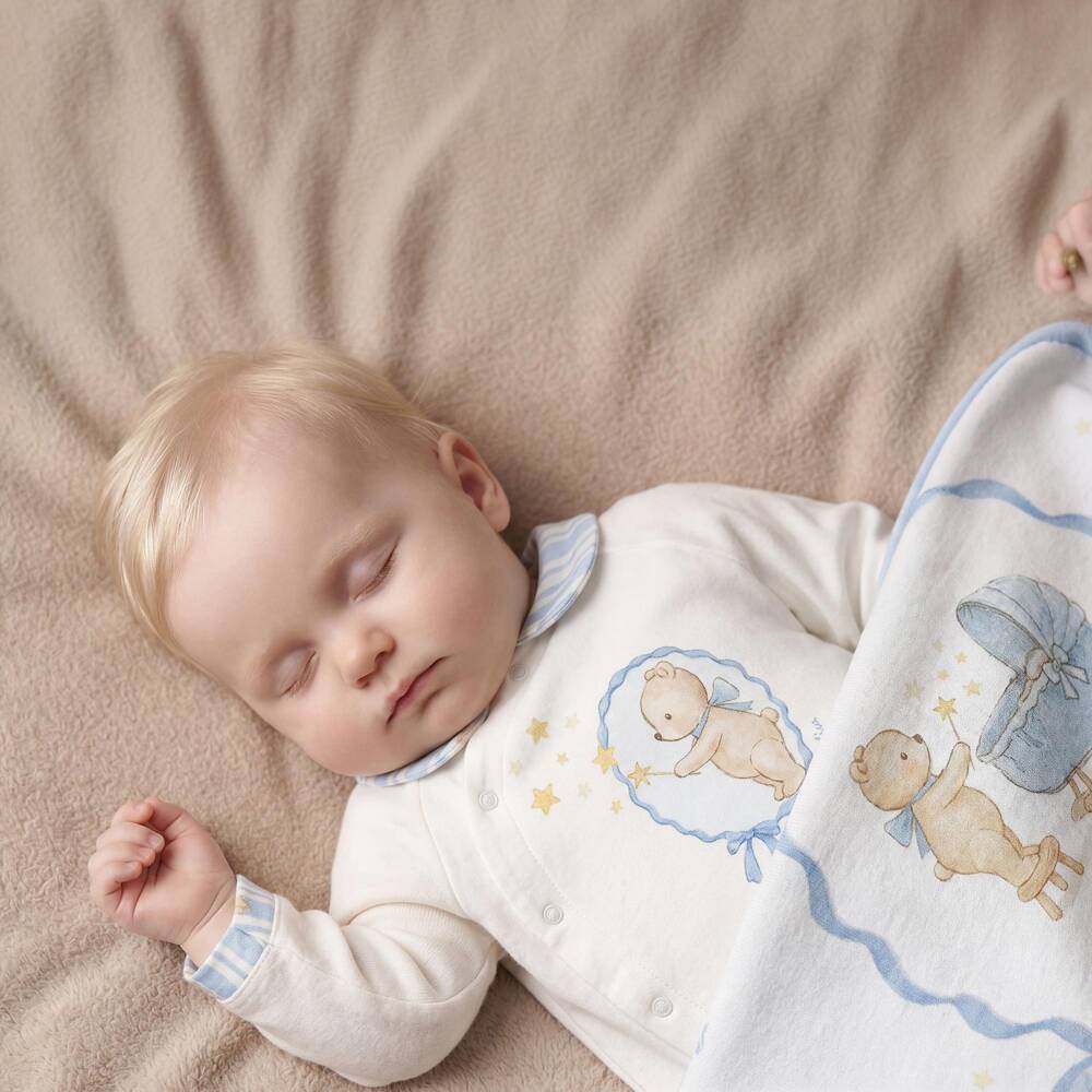 Monnalisa-Boys White & Blue Teddy Babygrow & Blanket Set | Childrensalon