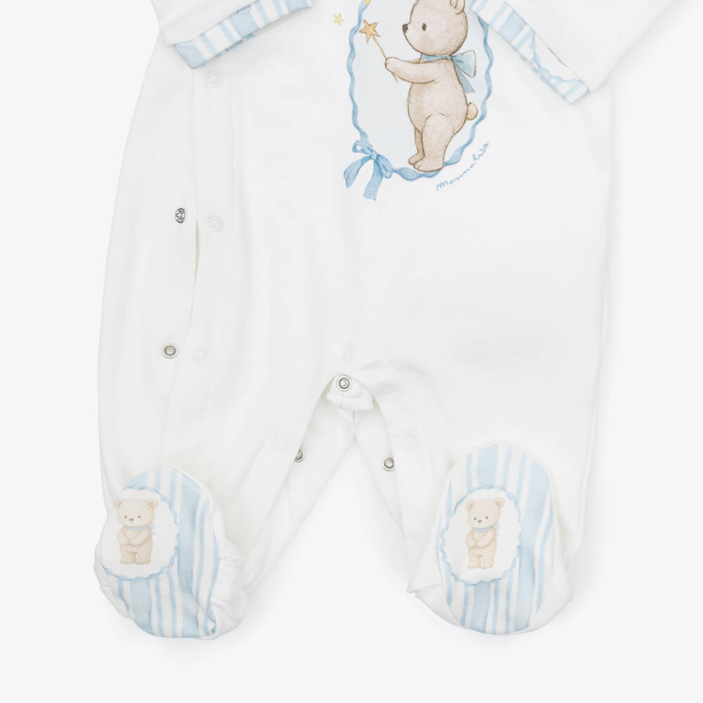 Monnalisa-Boys White & Blue Teddy Babygrow & Blanket Set | Childrensalon