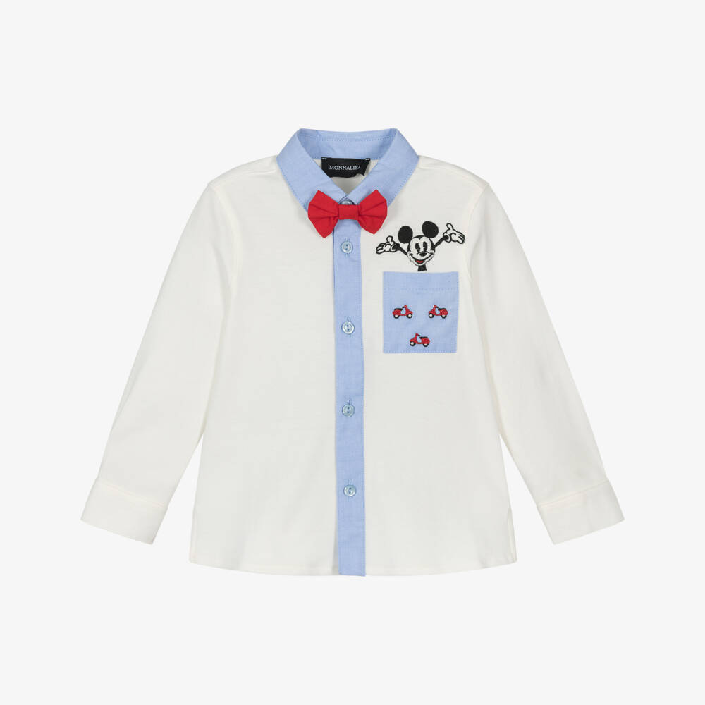 Monnalisa-Boys White Cotton Piqué Disney Shirt with Red Bow Tie | Childrensalon