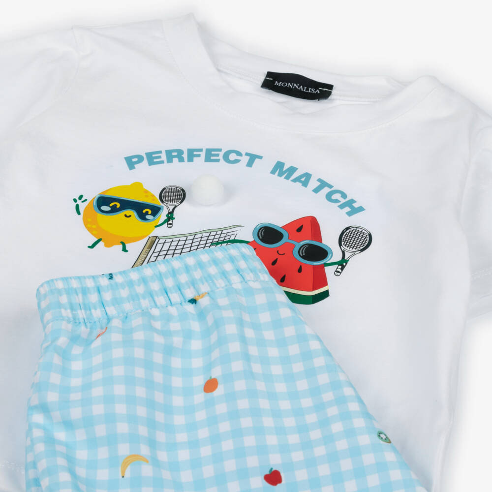 Monnalisa-Boys White Jersey Top & Blue Fruit Print Swim Shorts Set | Childrensalon