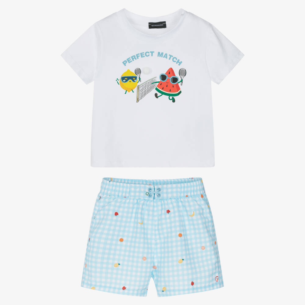 Monnalisa-Boys White Jersey Top & Blue Fruit Print Swim Shorts Set | Childrensalon