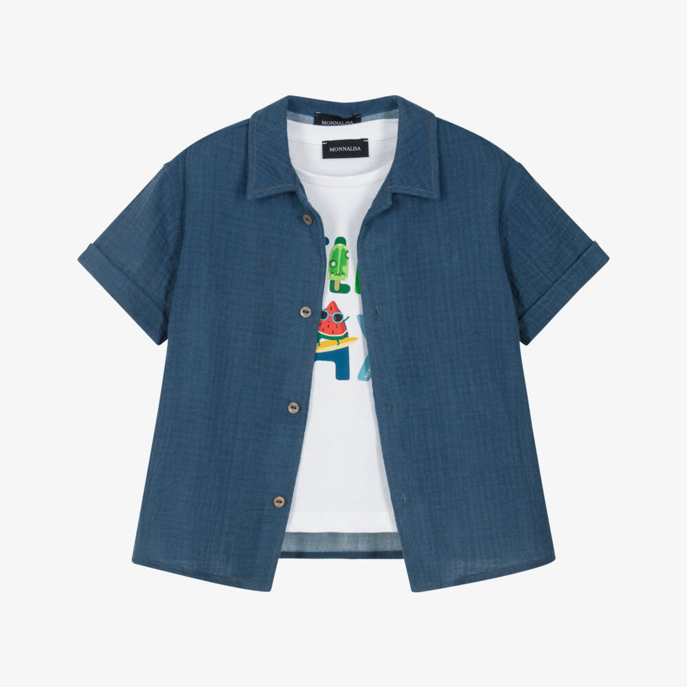 Monnalisa-Boys White T-Shirt & Blue Cotton Shirt Set | Childrensalon