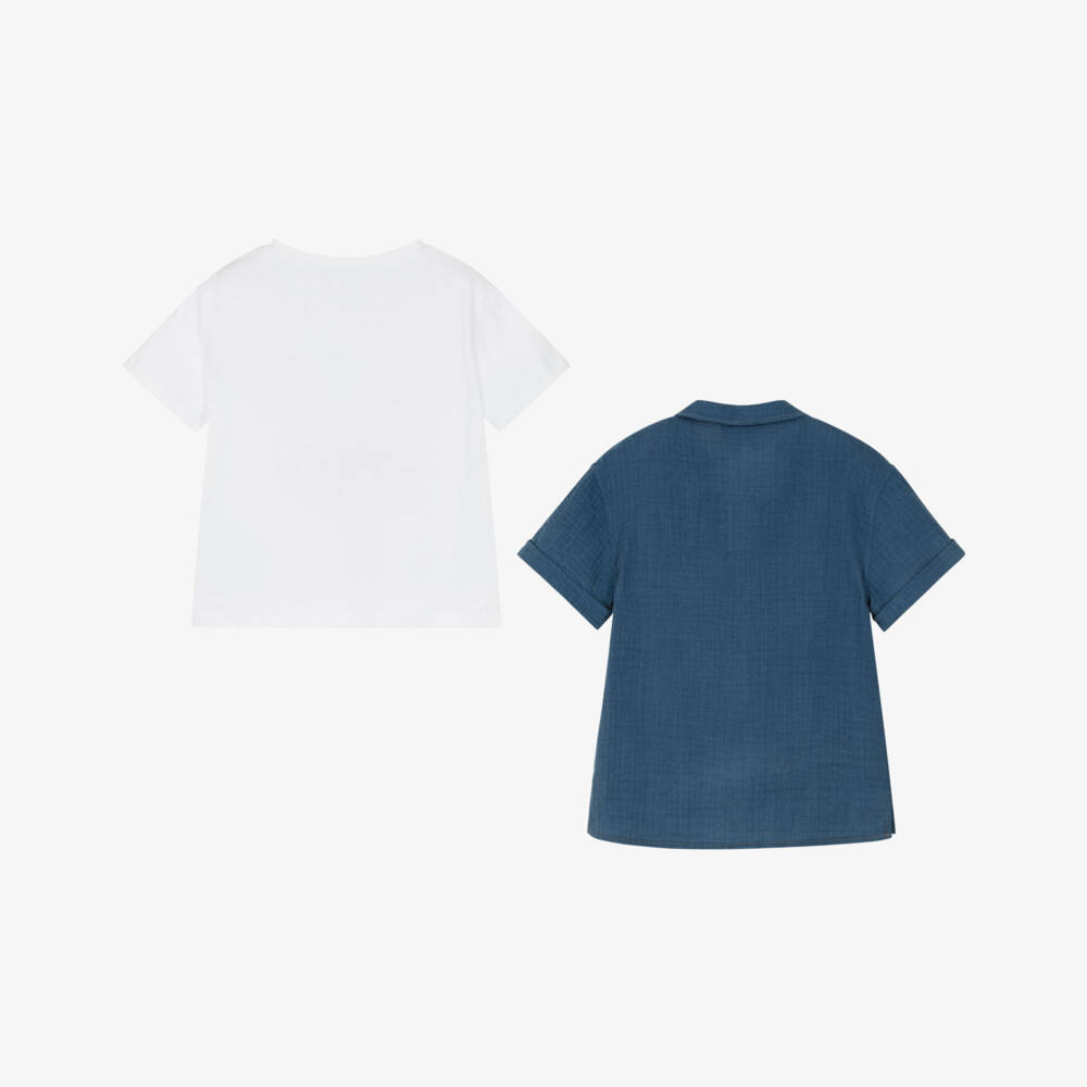 Monnalisa-Boys White T-Shirt & Blue Cotton Shirt Set | Childrensalon