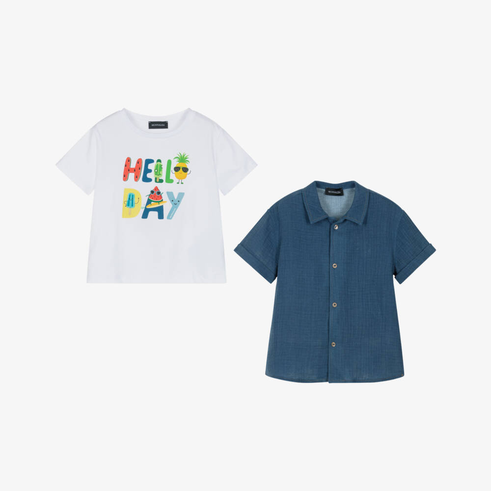 Monnalisa-Boys White T-Shirt & Blue Cotton Shirt Set | Childrensalon