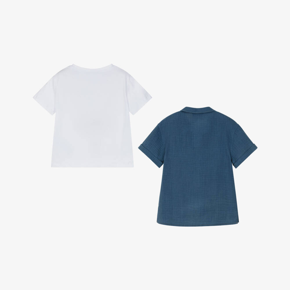 Monnalisa-Boys White T-Shirt & Blue Cotton Shirt Set | Childrensalon