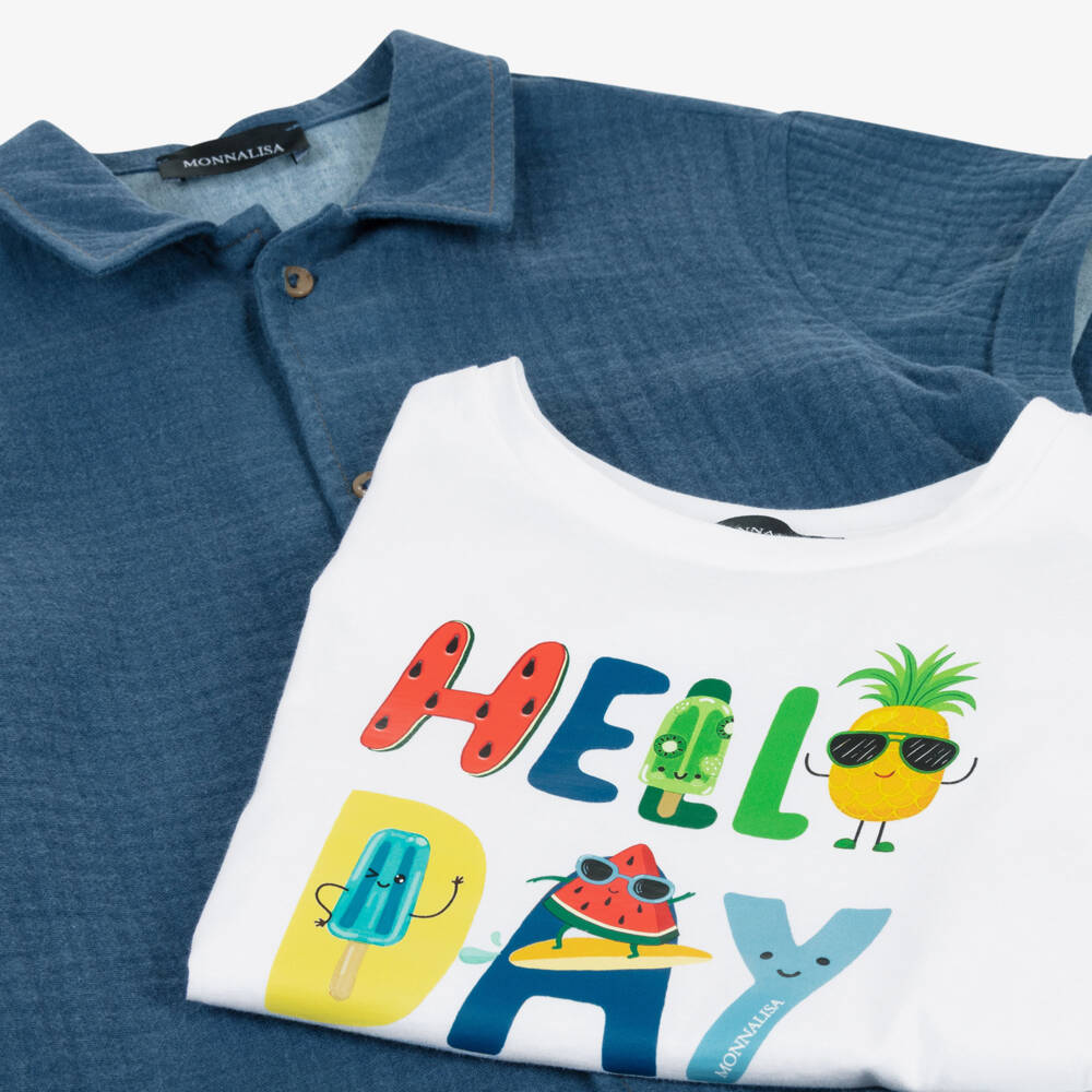 Monnalisa-Boys White T-Shirt & Blue Cotton Shirt Set | Childrensalon