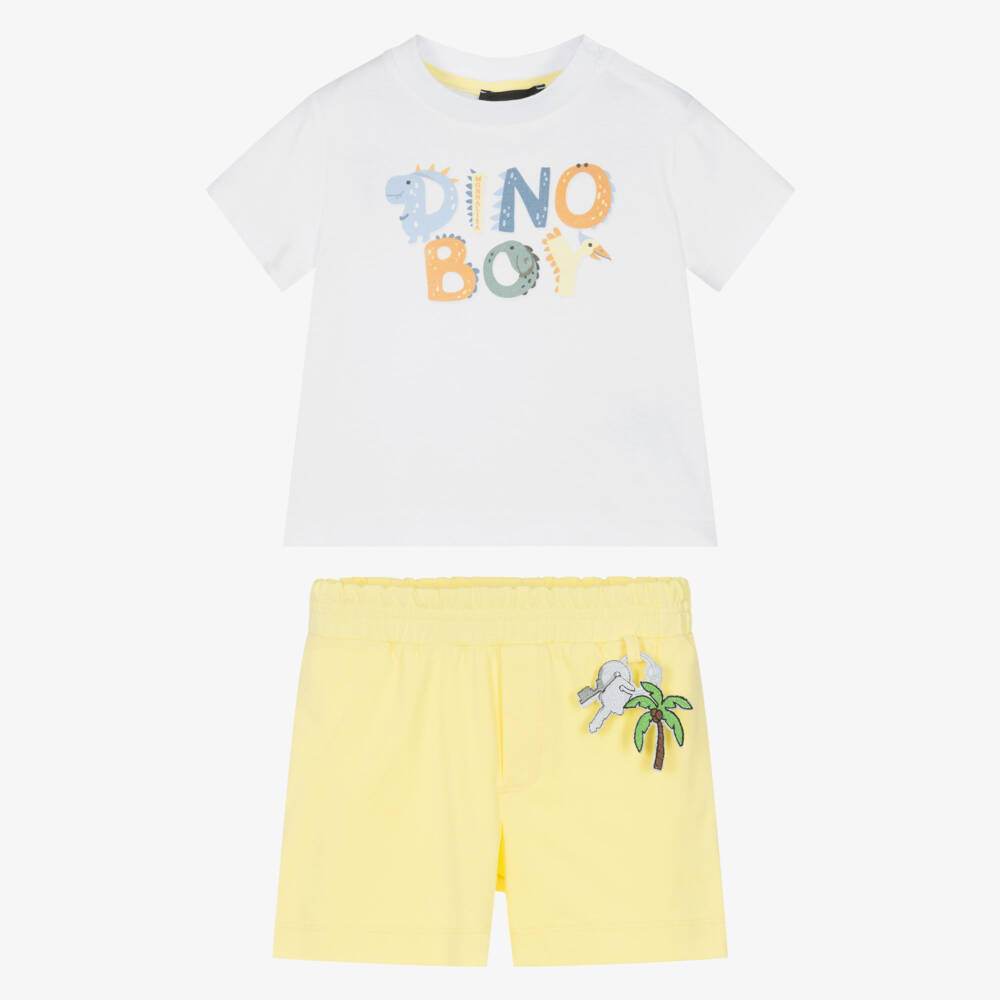 Monnalisa-Boys White & Yellow Cotton Dino Boy Shorts Set | Childrensalon