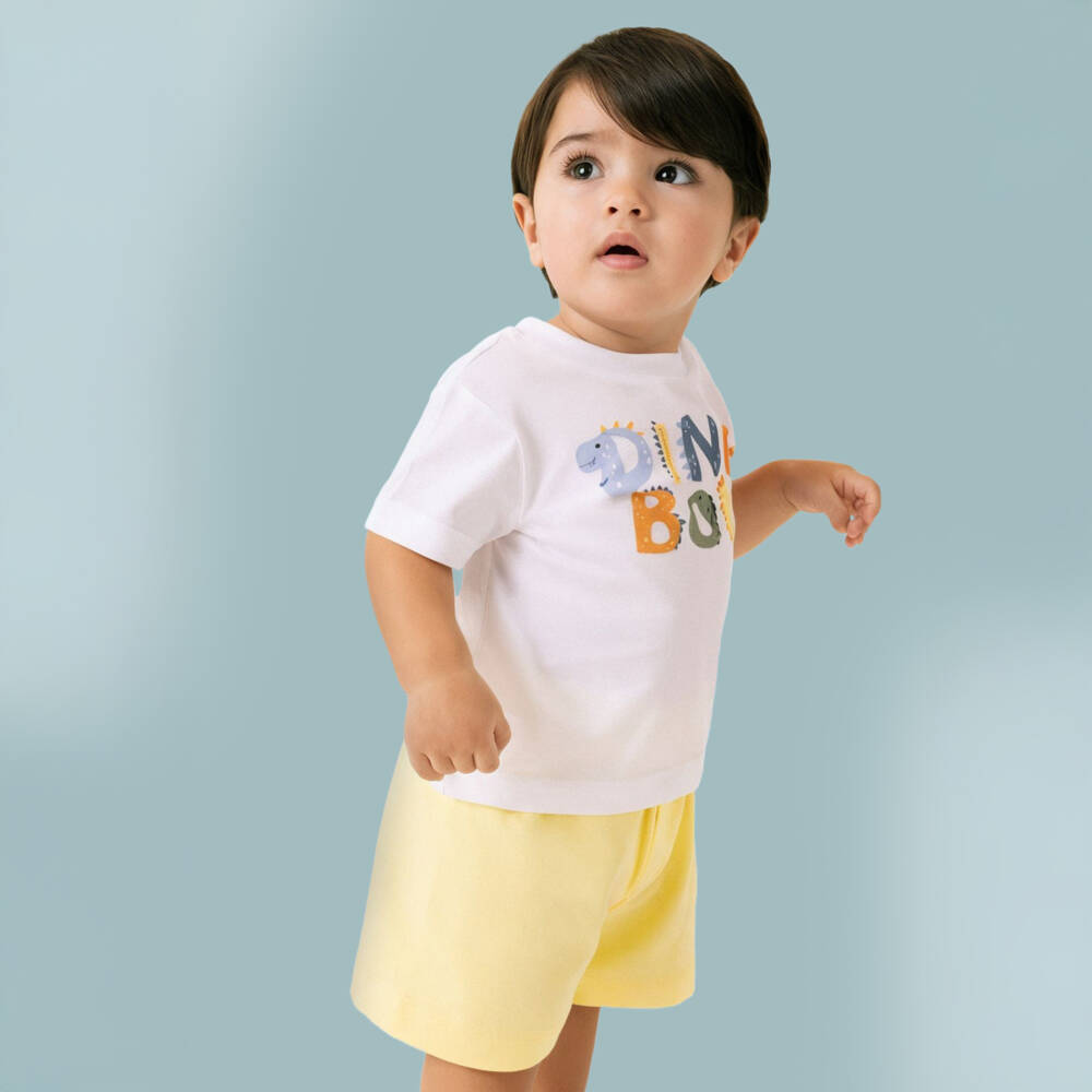 Monnalisa-طقم شورت قطن لون أبيض وأصفر للأولاد | Childrensalon