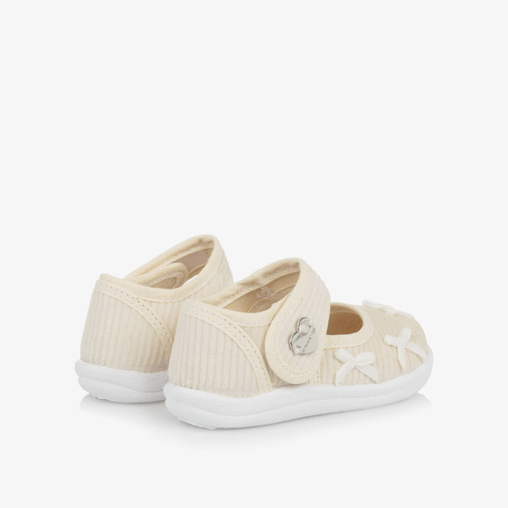 Monnalisa-Girl Ivory Corduroy Bow Bar Shoes | Childrensalon