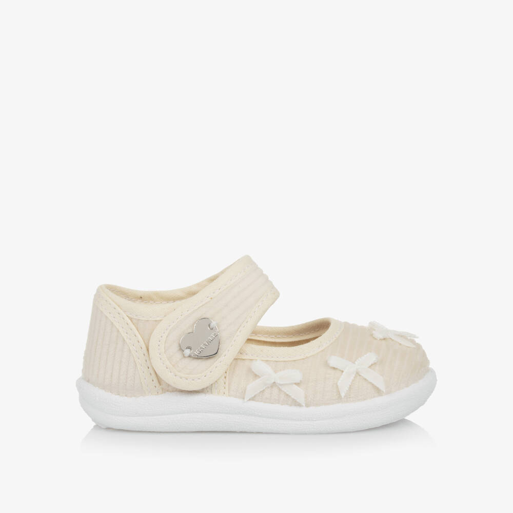 Monnalisa-Girl Ivory Corduroy Bow Bar Shoes | Childrensalon