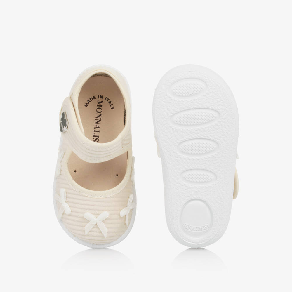 Monnalisa-Girl Ivory Corduroy Bow Bar Shoes | Childrensalon