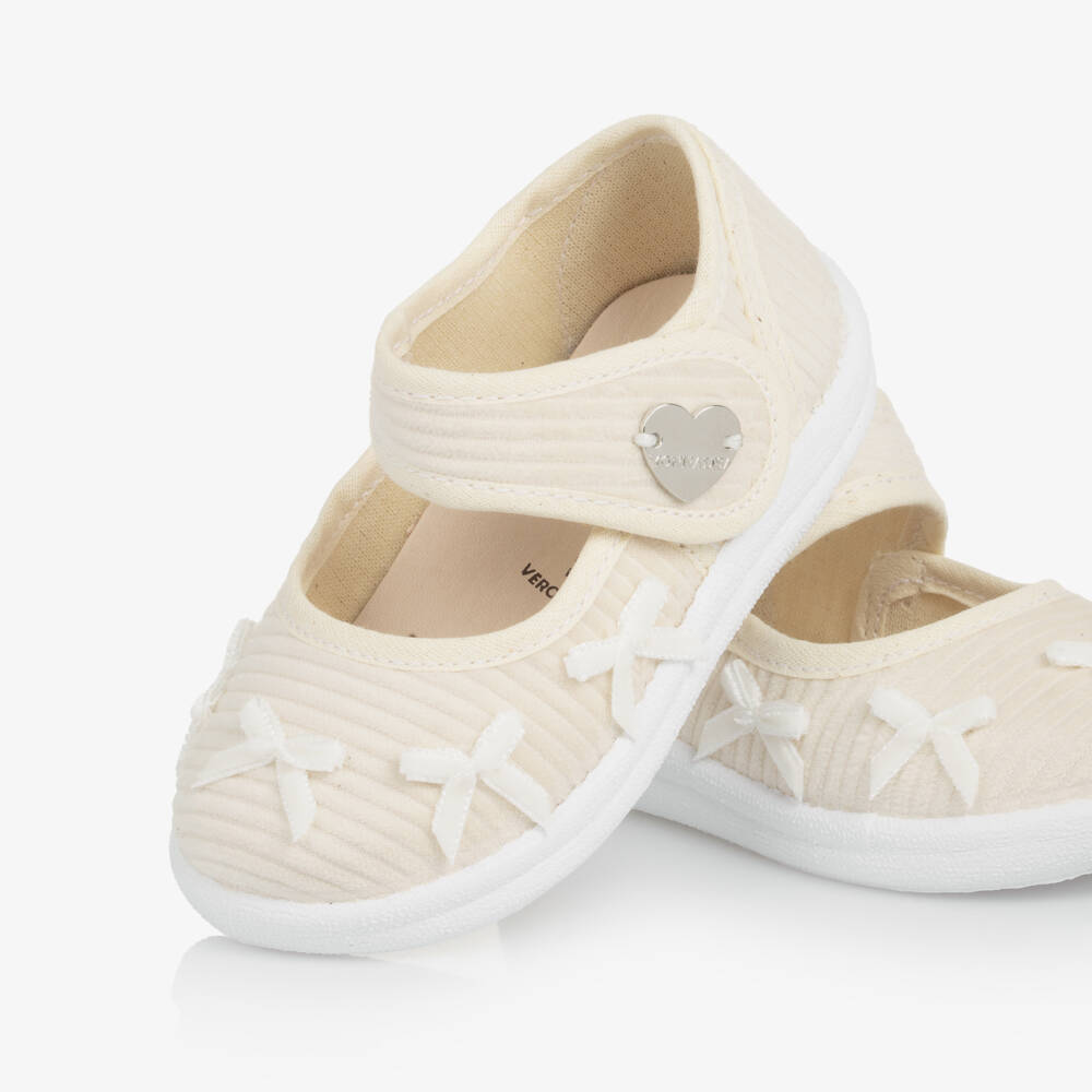 Monnalisa-Girl Ivory Corduroy Bow Bar Shoes | Childrensalon