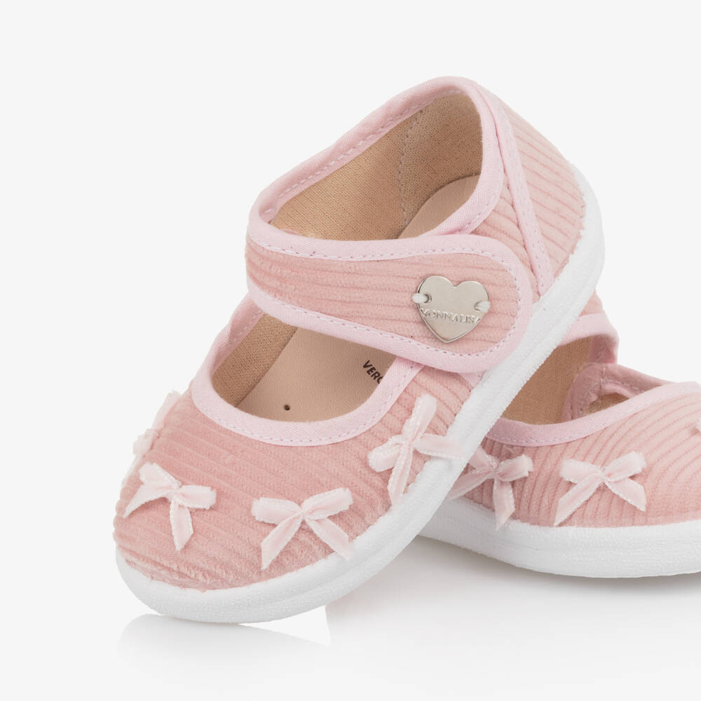 Monnalisa-Girl Pink Corduroy Bow Bar Shoes | Childrensalon
