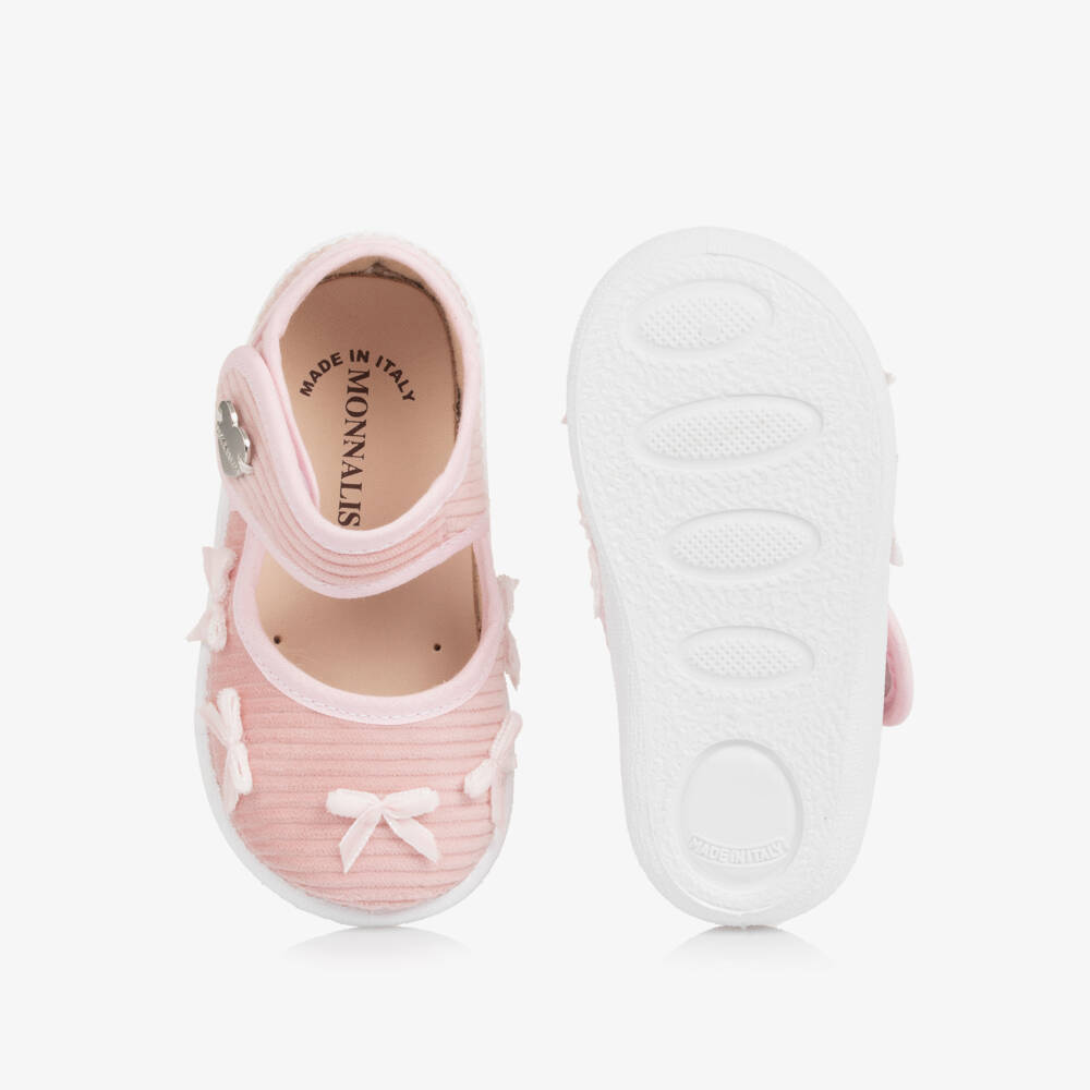 Monnalisa-Girl Pink Corduroy Bow Bar Shoes | Childrensalon