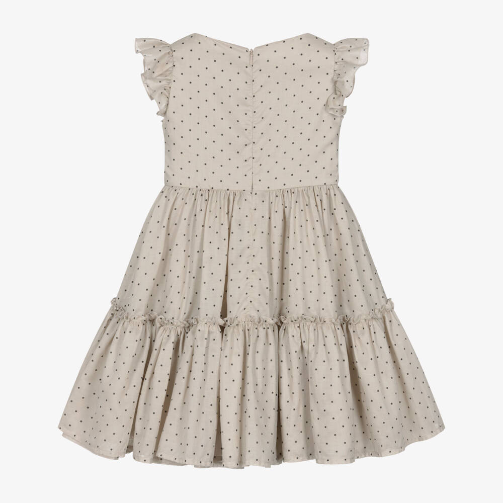 Monnalisa-Girls Beige & Black Polka Dot Ruffle Dress | Childrensalon