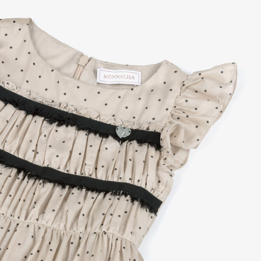 Monnalisa-Girls Beige & Black Polka Dot Ruffle Dress | Childrensalon