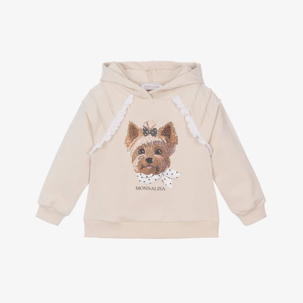 Monnalisa-Girls Beige Cotton Hoodie with Diamanté Dog Motif | Childrensalon