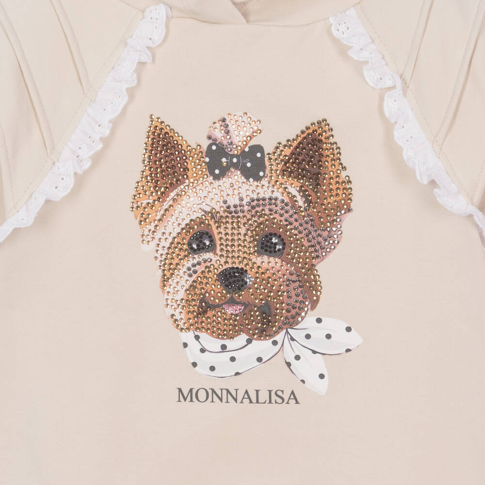 Monnalisa-Girls Beige Cotton Hoodie with Diamanté Dog Motif | Childrensalon