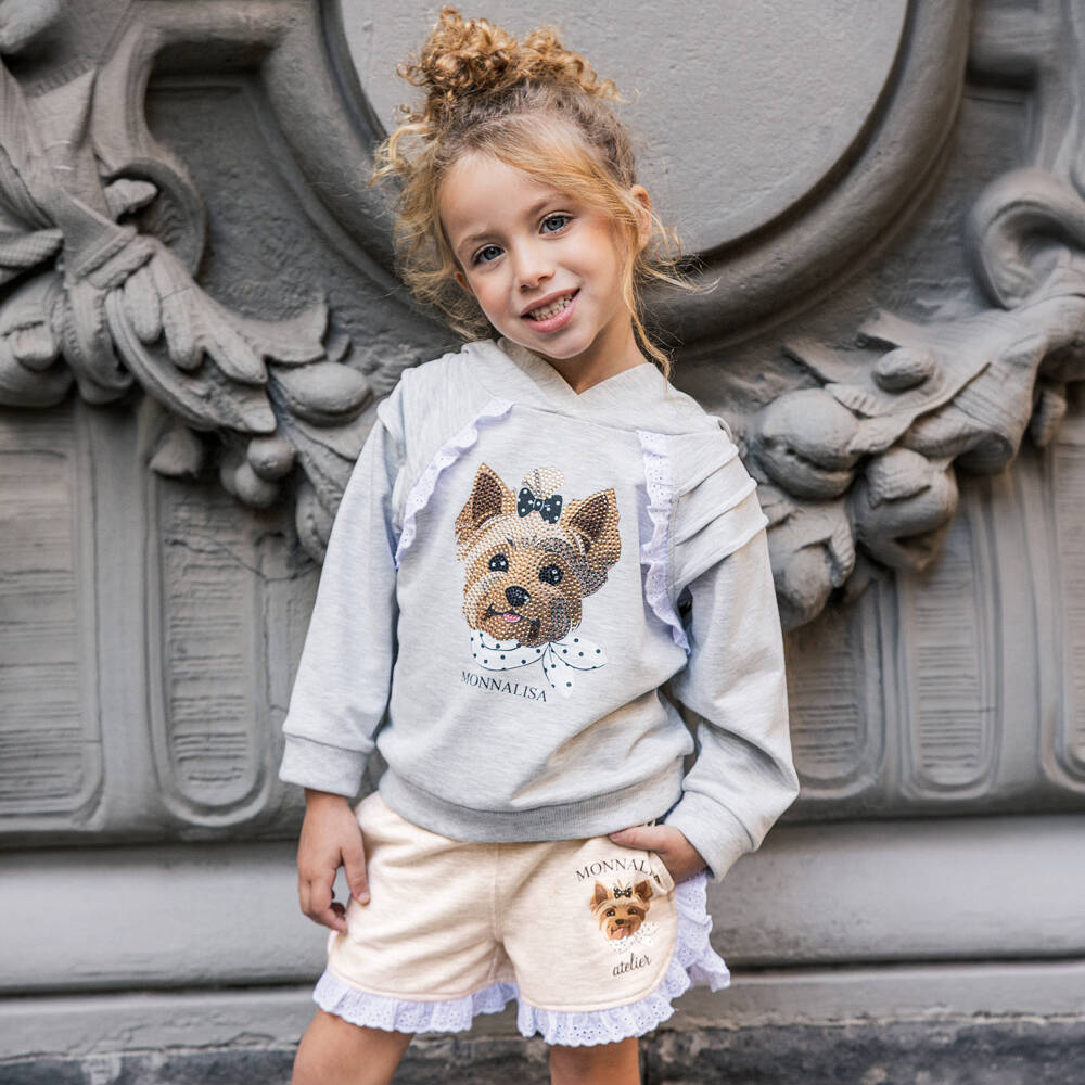 Monnalisa-Girls Beige Cotton Jersey Shorts with Dog Motif | Childrensalon