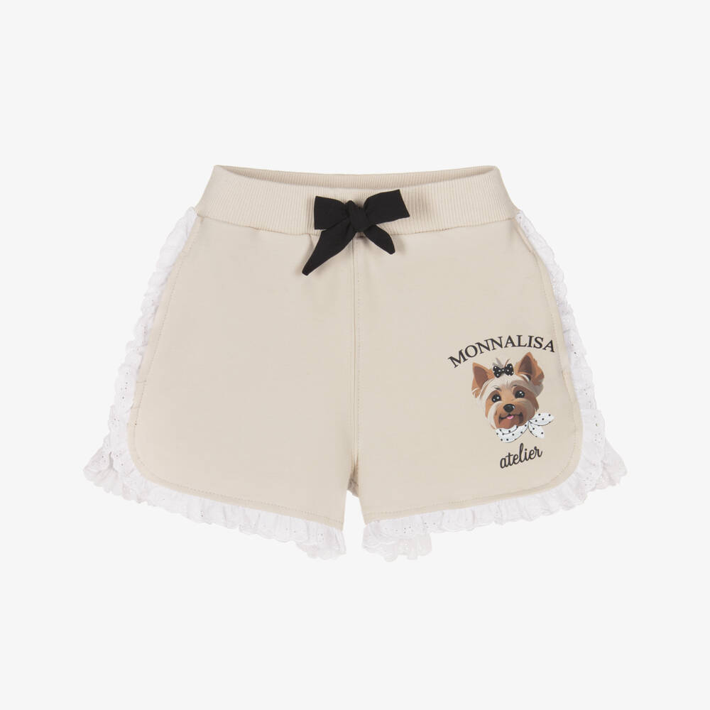 Monnalisa-Girls Beige Cotton Jersey Shorts with Dog Motif | Childrensalon