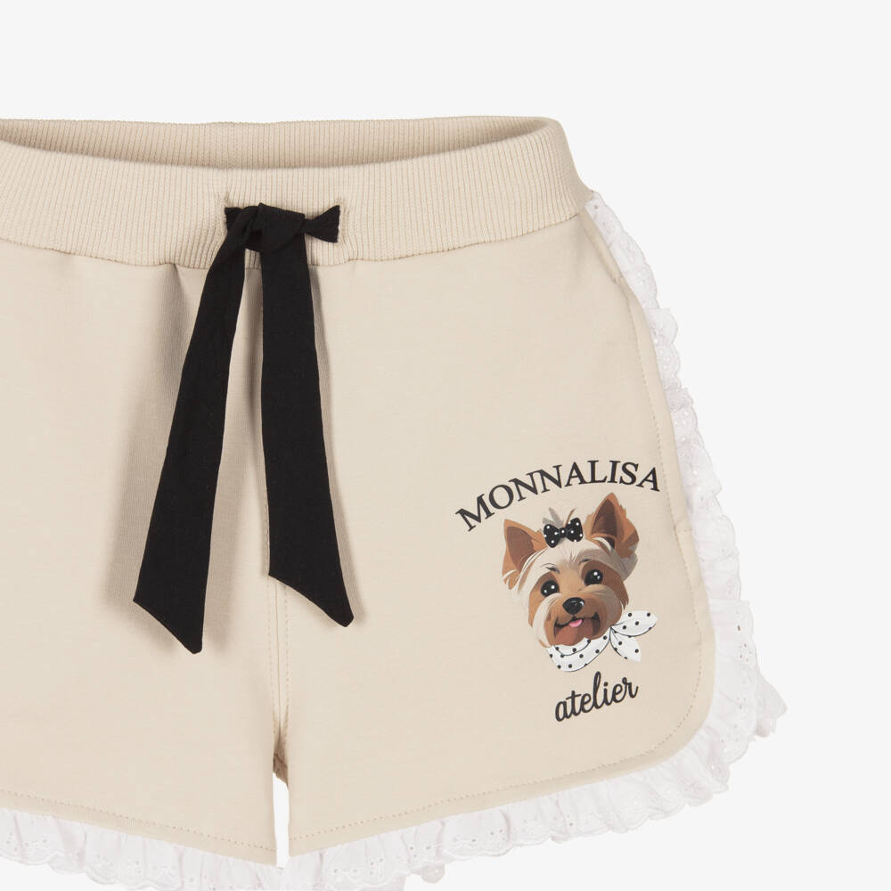 Monnalisa-Girls Beige Cotton Jersey Shorts with Dog Motif | Childrensalon