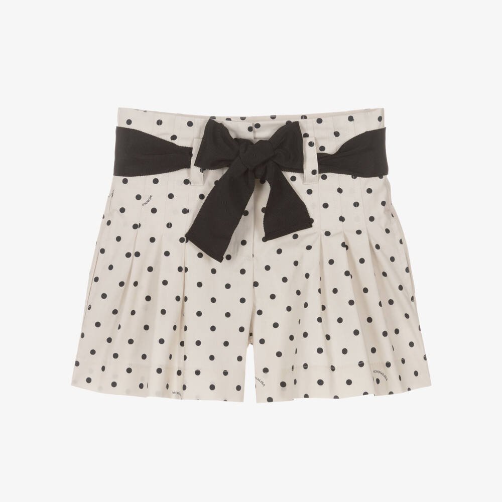 Monnalisa-Girls Beige Cotton Shorts with Black Polka Dots | Childrensalon
