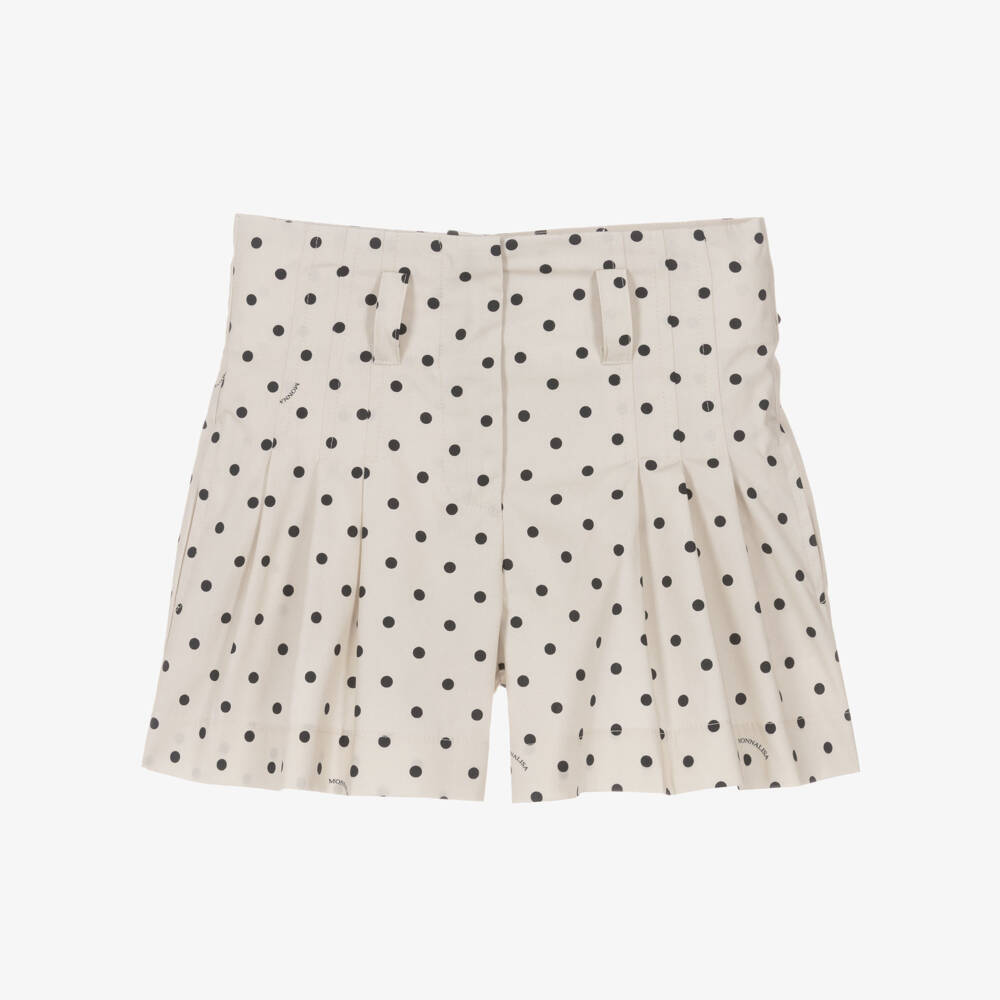 Monnalisa-Girls Beige Cotton Shorts with Black Polka Dots | Childrensalon