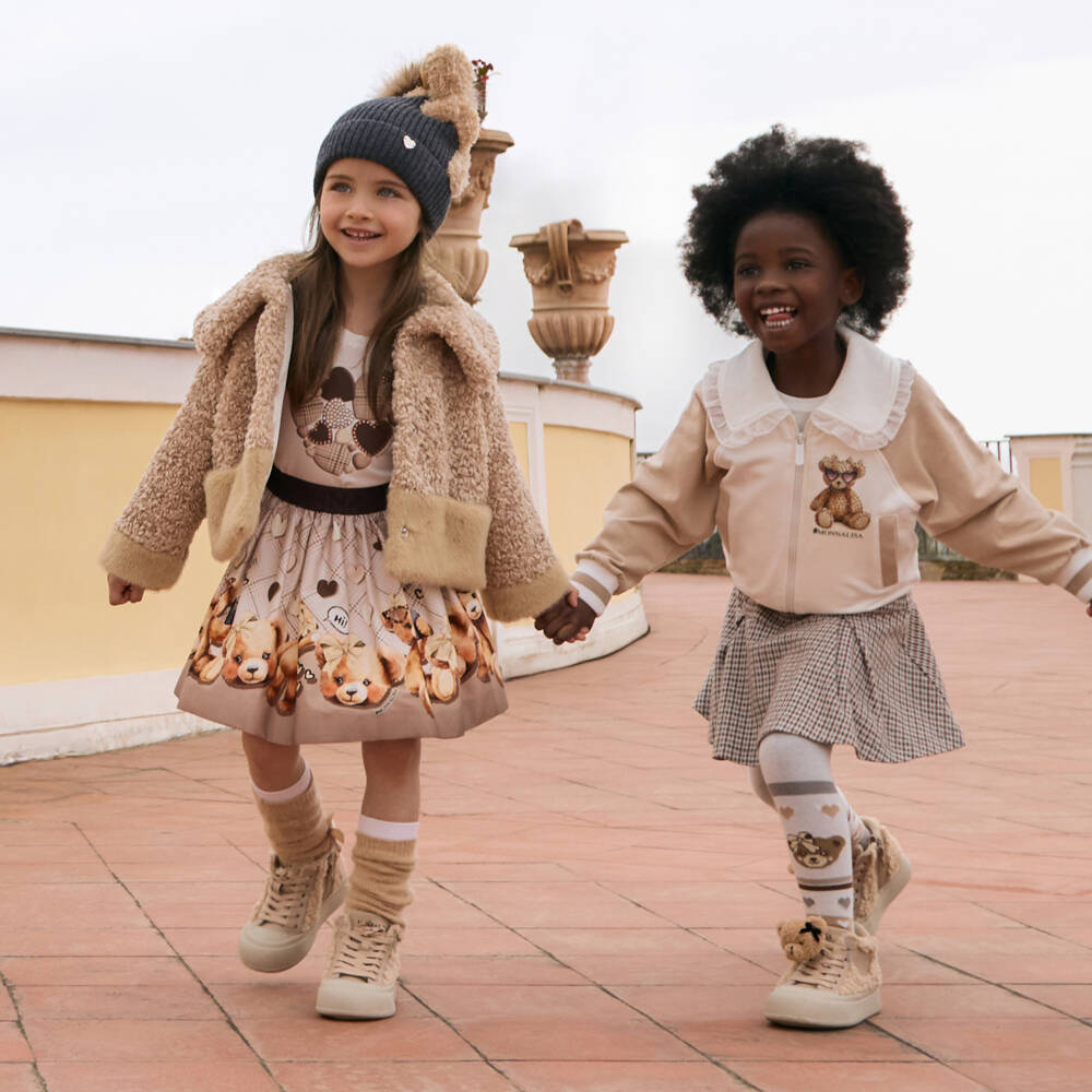 Monnalisa-Girls Beige Cotton Twill Teddy Bear Skirt | Childrensalon
