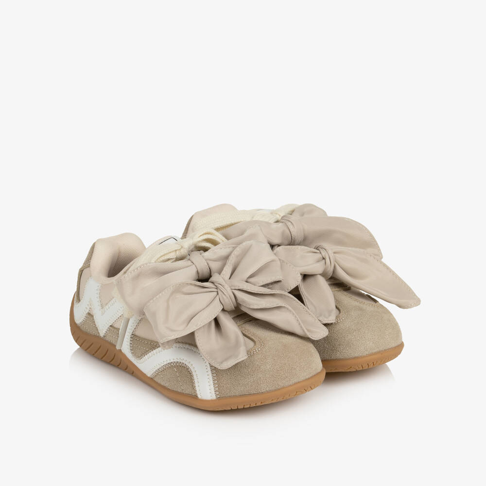 Monnalisa-Girls Beige Lace & Velcro Trainers with Bows | Childrensalon