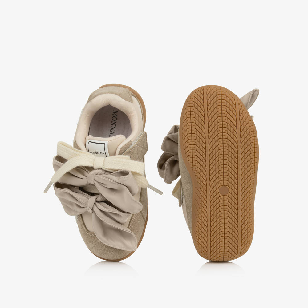 Monnalisa-Girls Beige Lace & Velcro Trainers with Bows | Childrensalon
