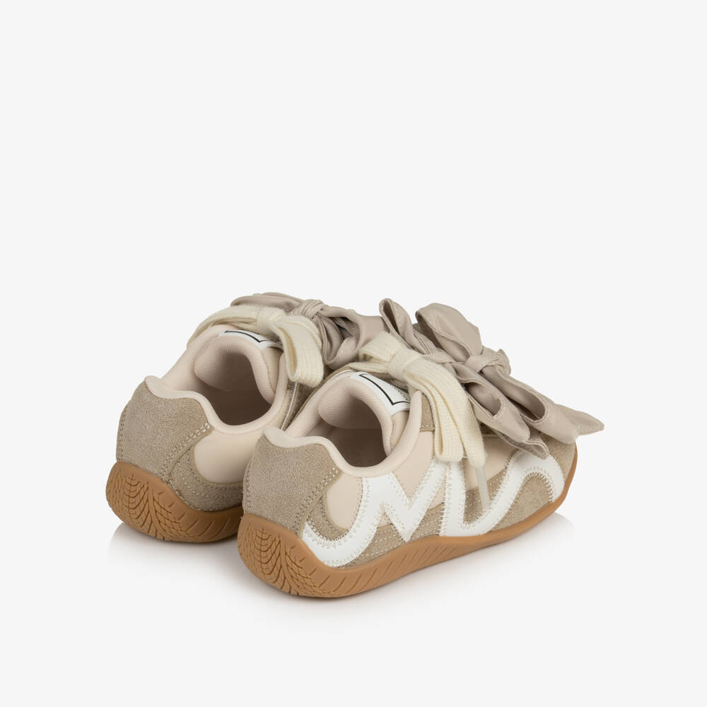 Monnalisa-Girls Beige Lace & Velcro Trainers with Bows | Childrensalon