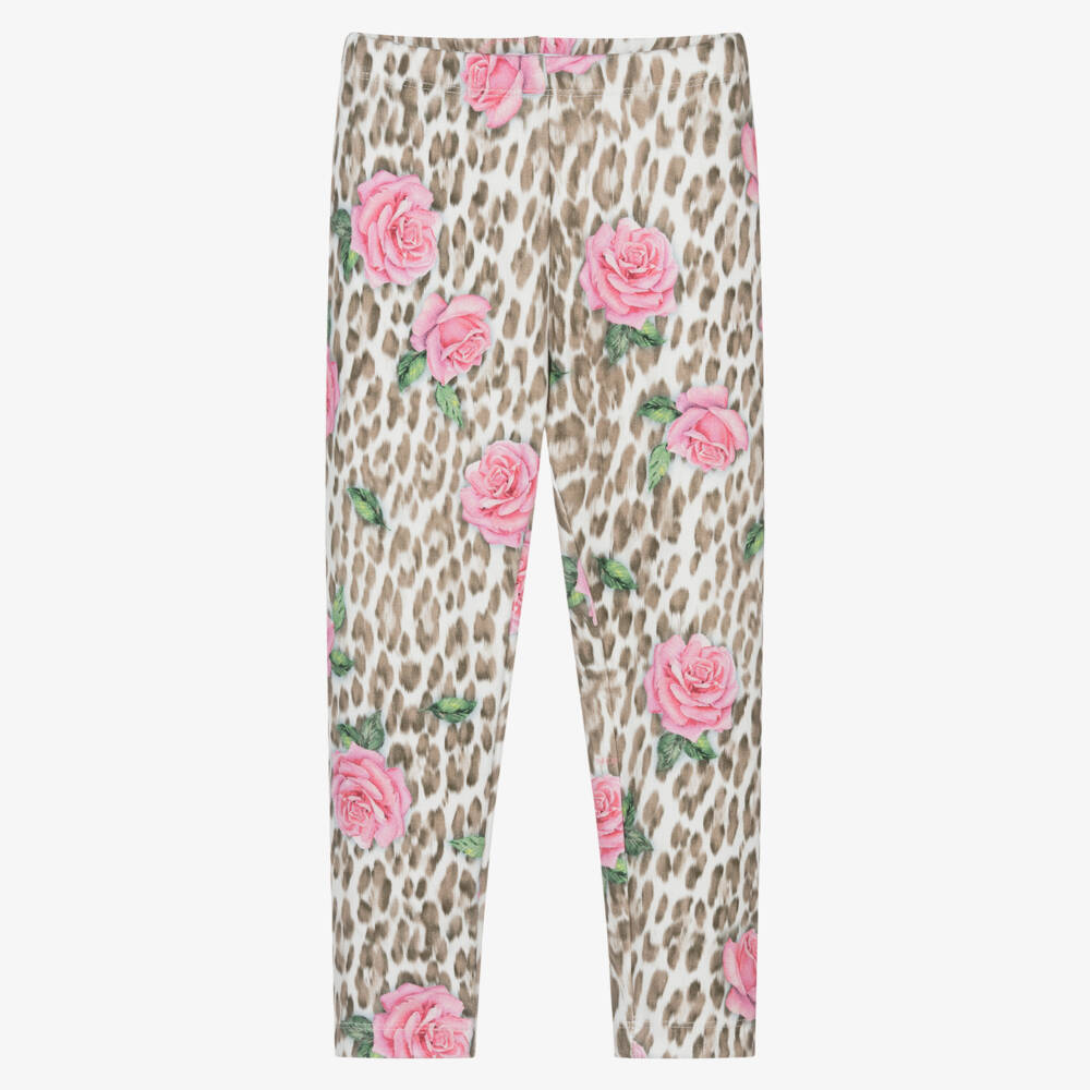 Monnalisa-Girls Beige Leopard & Pink Rose Print Leggings | Childrensalon
